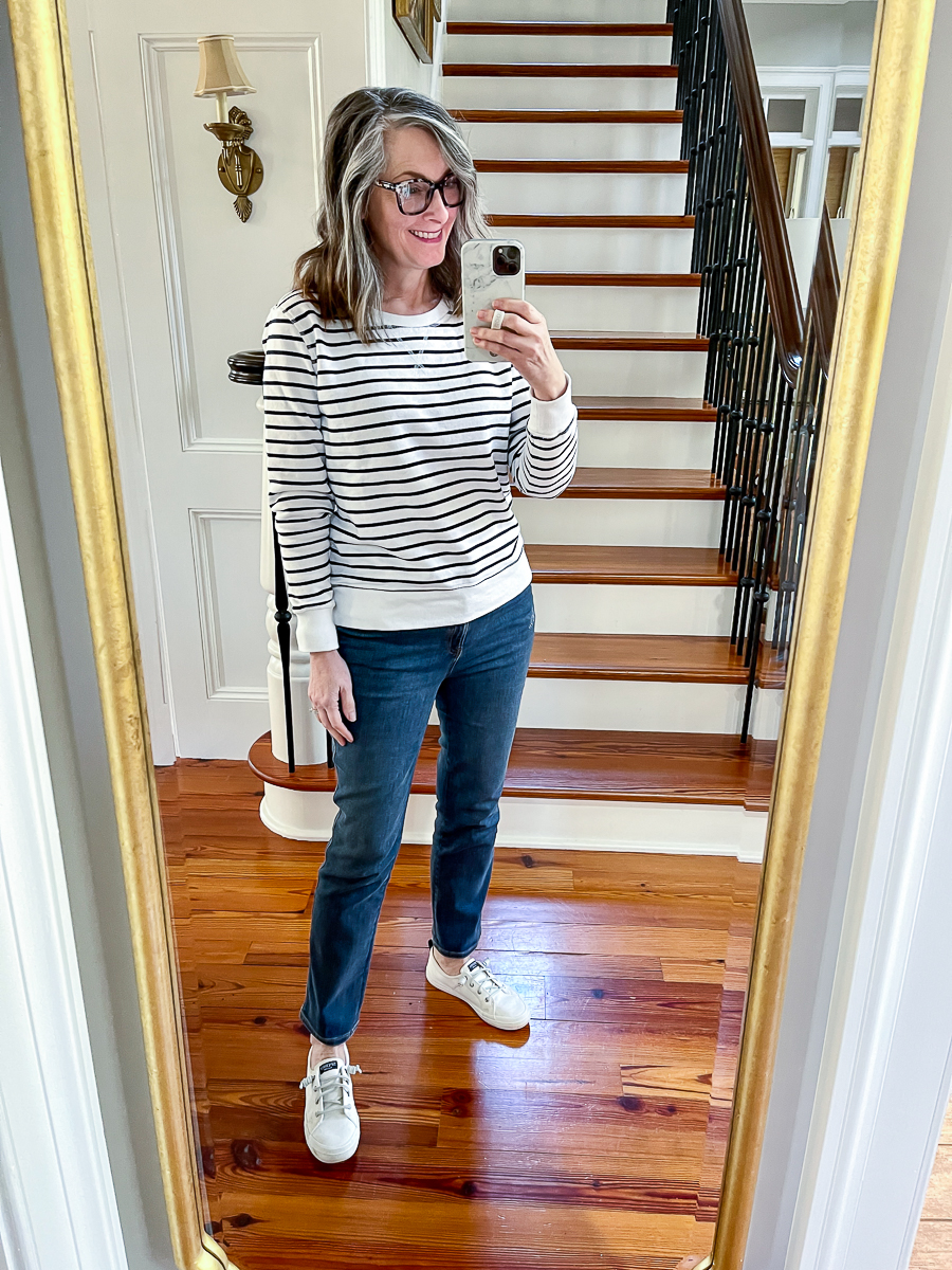 mirror selfie in striped sweatshirt