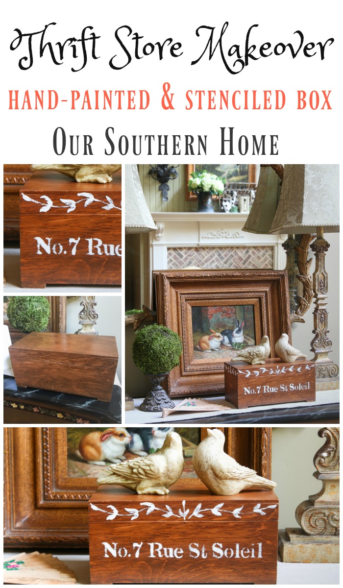 Thrift Store Stenciled and Hand-painted Box makeover by Our Southern Home #thriftstoremakeover #diy