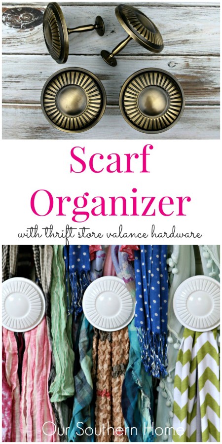 Scarf Organizer made with thrift store valance hardware for #SwapItLikeItsHot by Our Southern Home