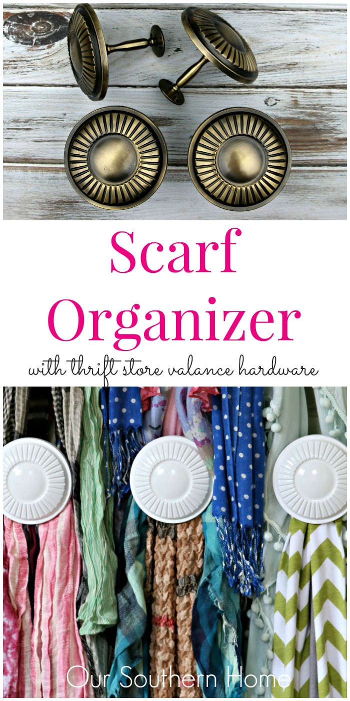 Scarf Organizer made with thrift store valance hardware for #SwapItLikeItsHot by Our Southern Home