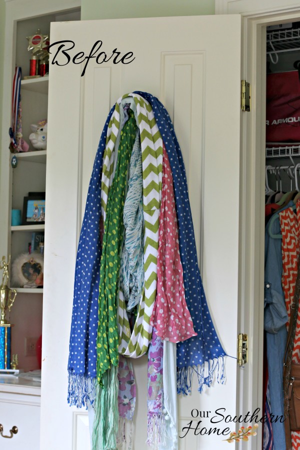 Scarf Organizer made with thrift store valance hardware for #SwapItLikeItsHot by Our Southern Home