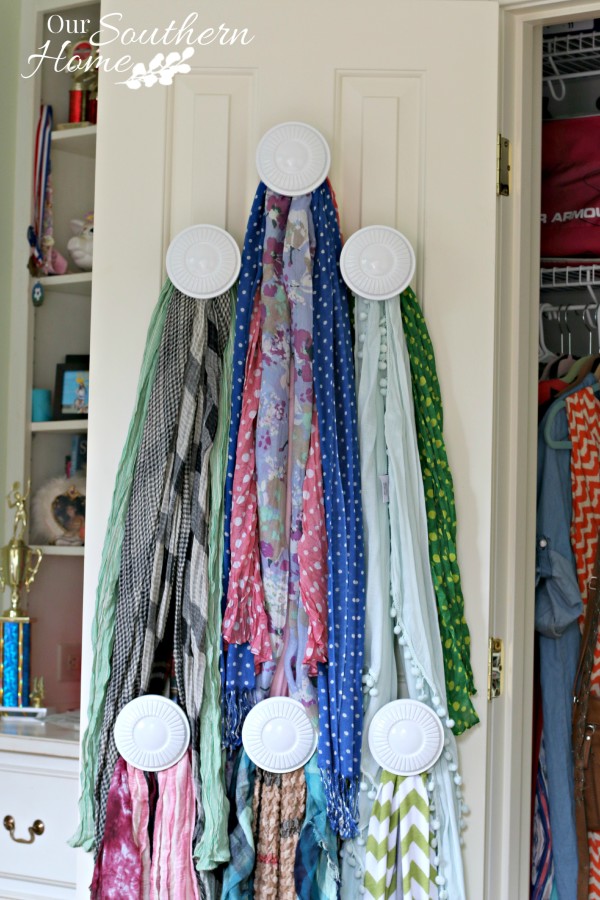 Scarf Organizer made with thrift store valance hardware for #SwapItLikeItsHot by Our Southern Home