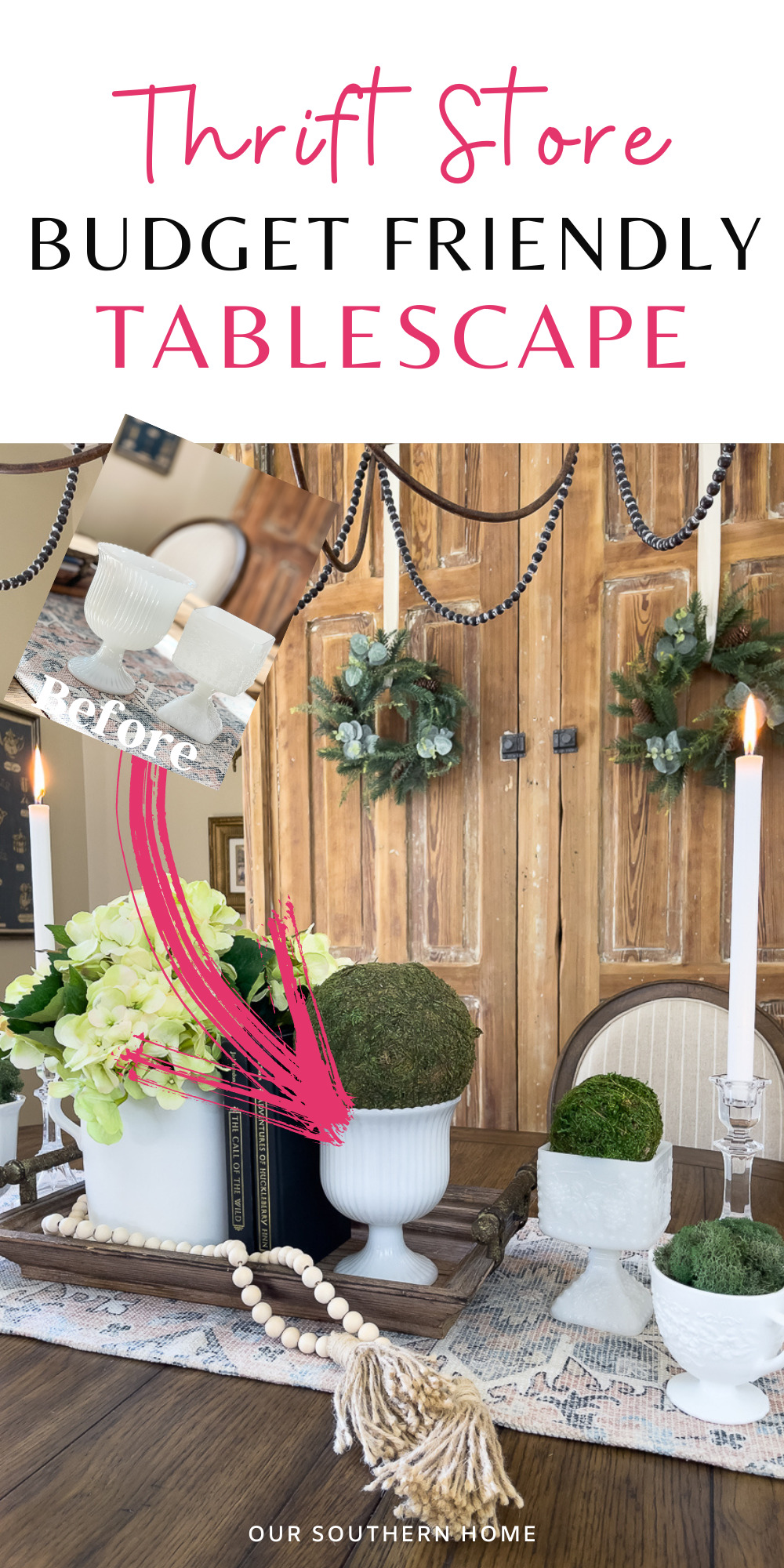 dining room table with thrift store decor