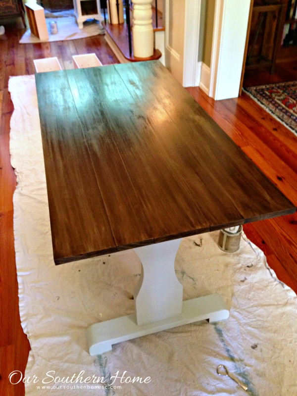 Thrift store trestle table makeover with a new stained top and chalk paint by Our Southern Home