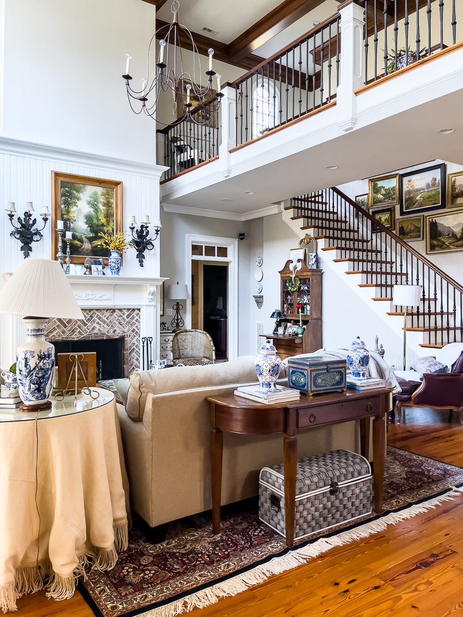 painted wicker trunk in family room