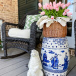 chinoiserie garden stool with bunny and tulips