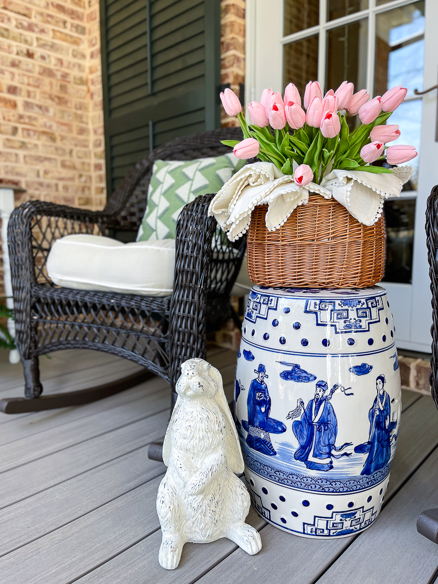 chinoiserie garden stool with bunny and tulips