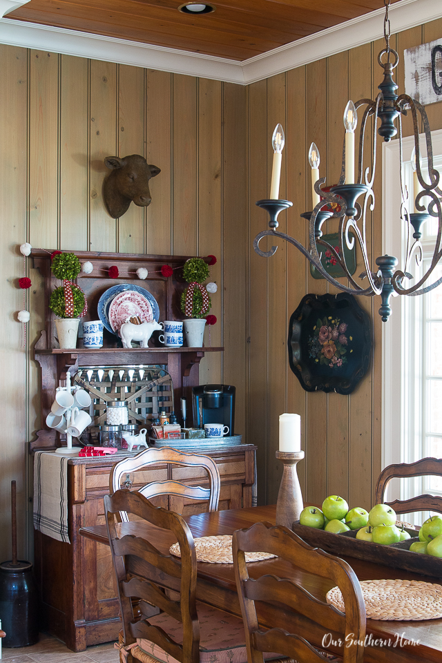 Details for creating a Valentine's Day beverage bar with adorable pom pom garland.