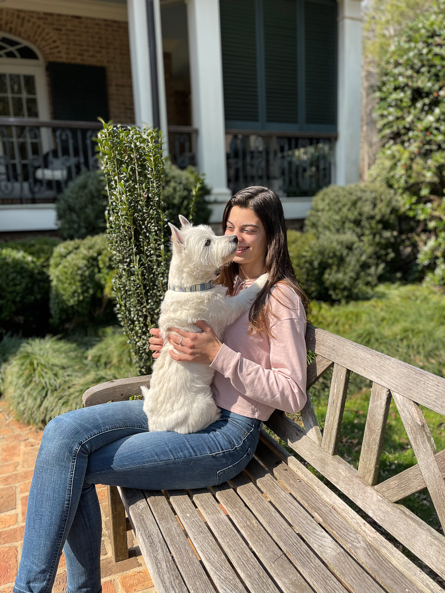 dog and girl on bench