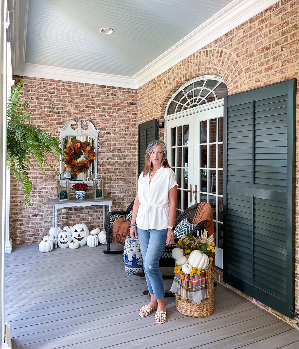 woman on fall porch