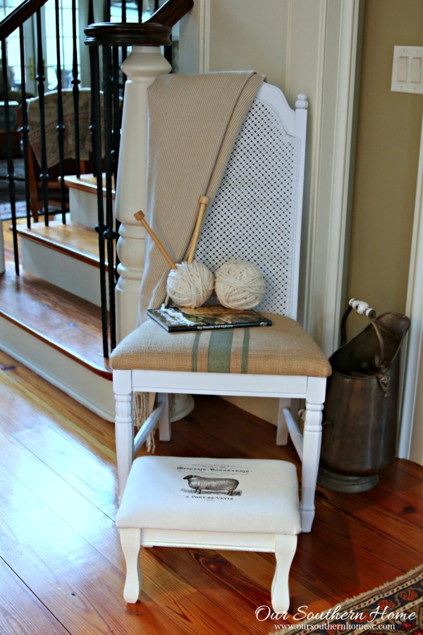 Thrift store chair makeover with spray paint and painted fabric chair cushion.