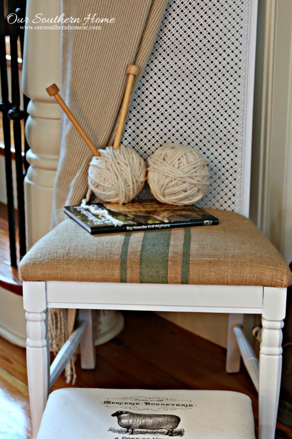 Thrift store chair makeover with spray paint and painted fabric chair cushion.