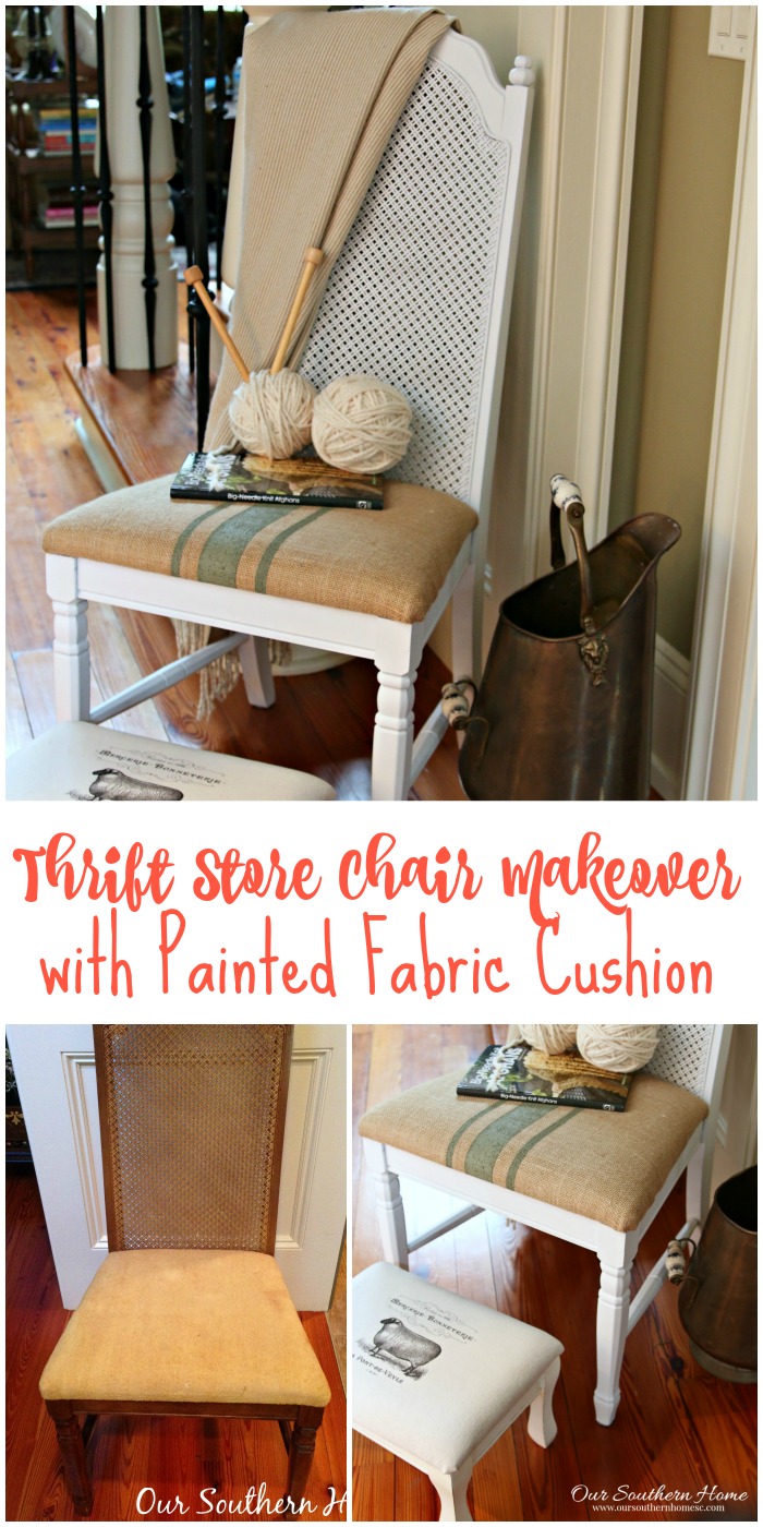 Thrift store chair makeover with spray paint and painted fabric chair cushion