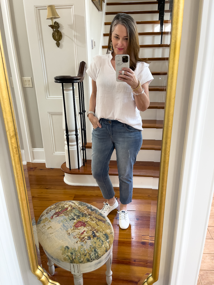 white shirt and jeans