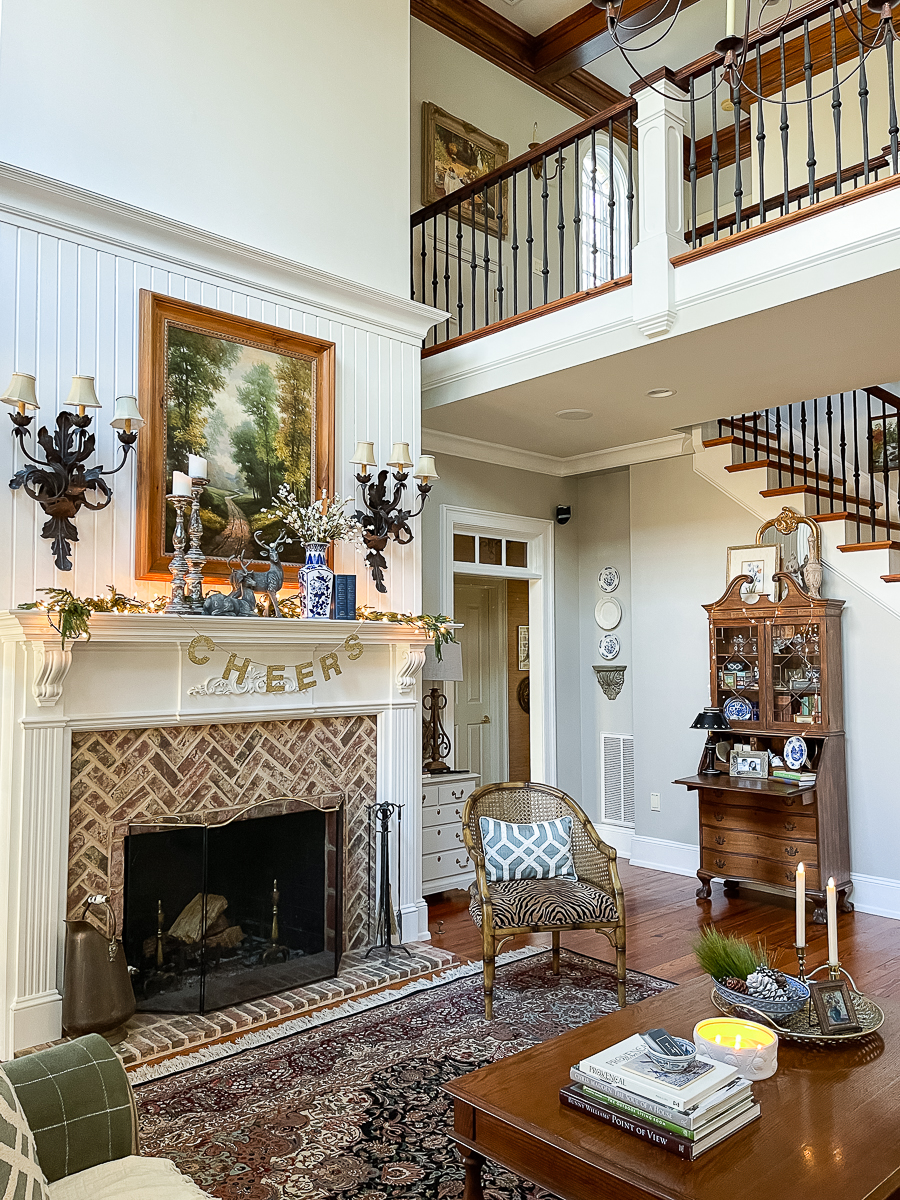 family room with tall ceilings