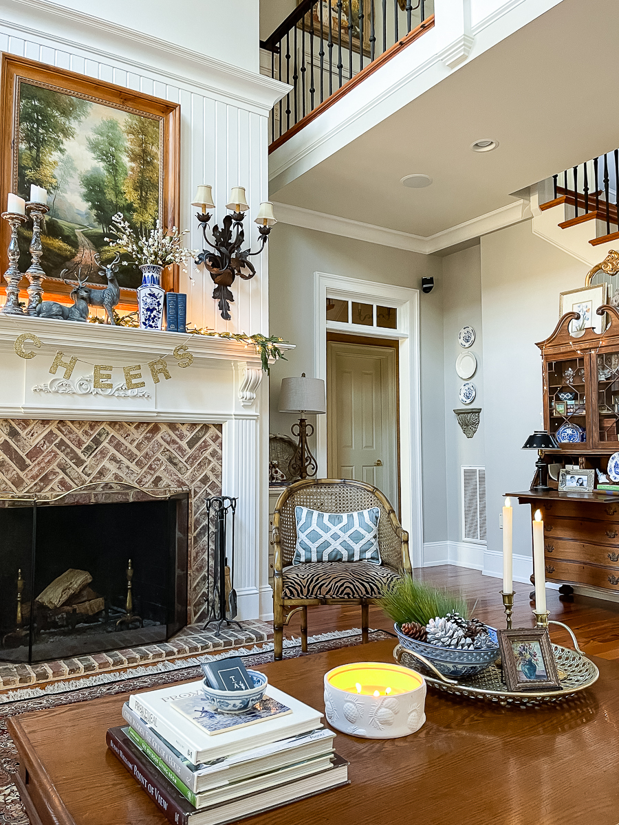 family room with winter decor