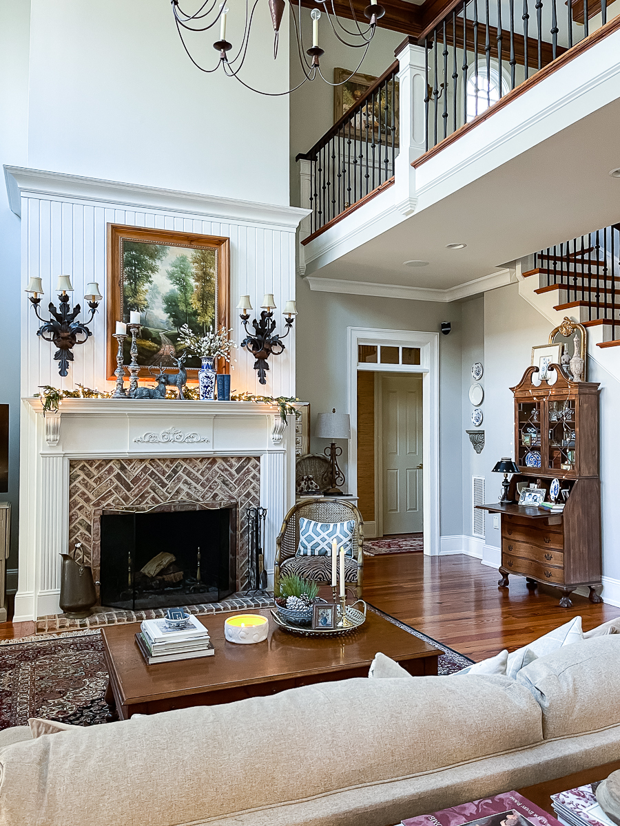 family room with winter decor