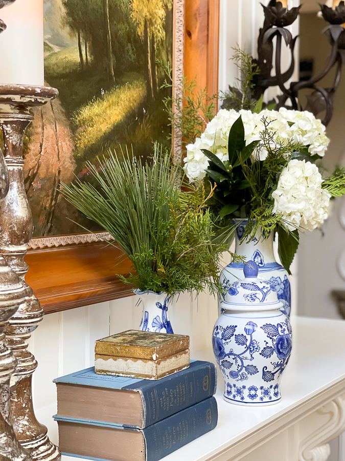 floral arrangement with blue and white porcelain