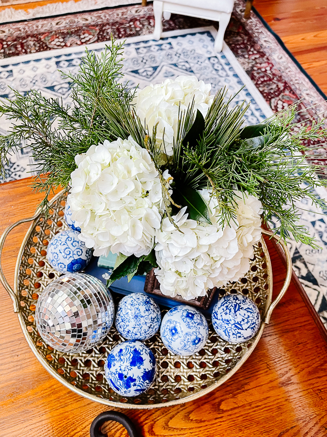 winter floral arranging with blue and white porcelain