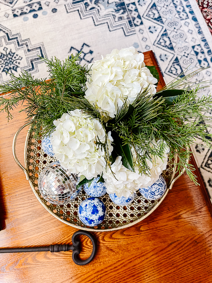 floral arrangement with blue and white porcelain