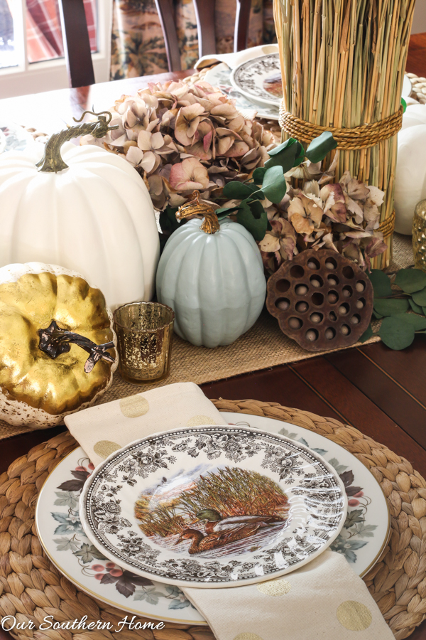 Creating a woodland tablescape for fall by Our Southern Home #falltable #falldecor #falltablescape