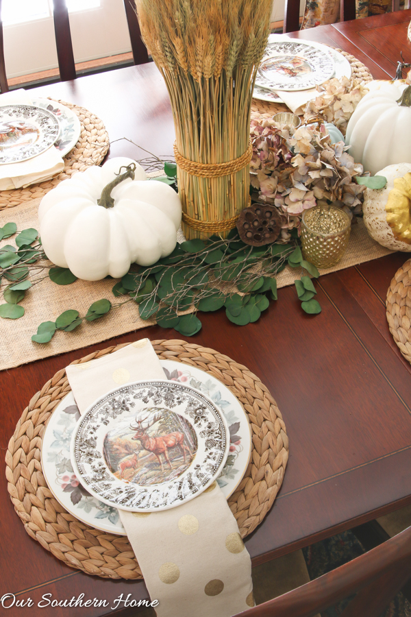 Creating a woodland tablescape for fall by Our Southern Home #falltable #falldecor #falltablescape