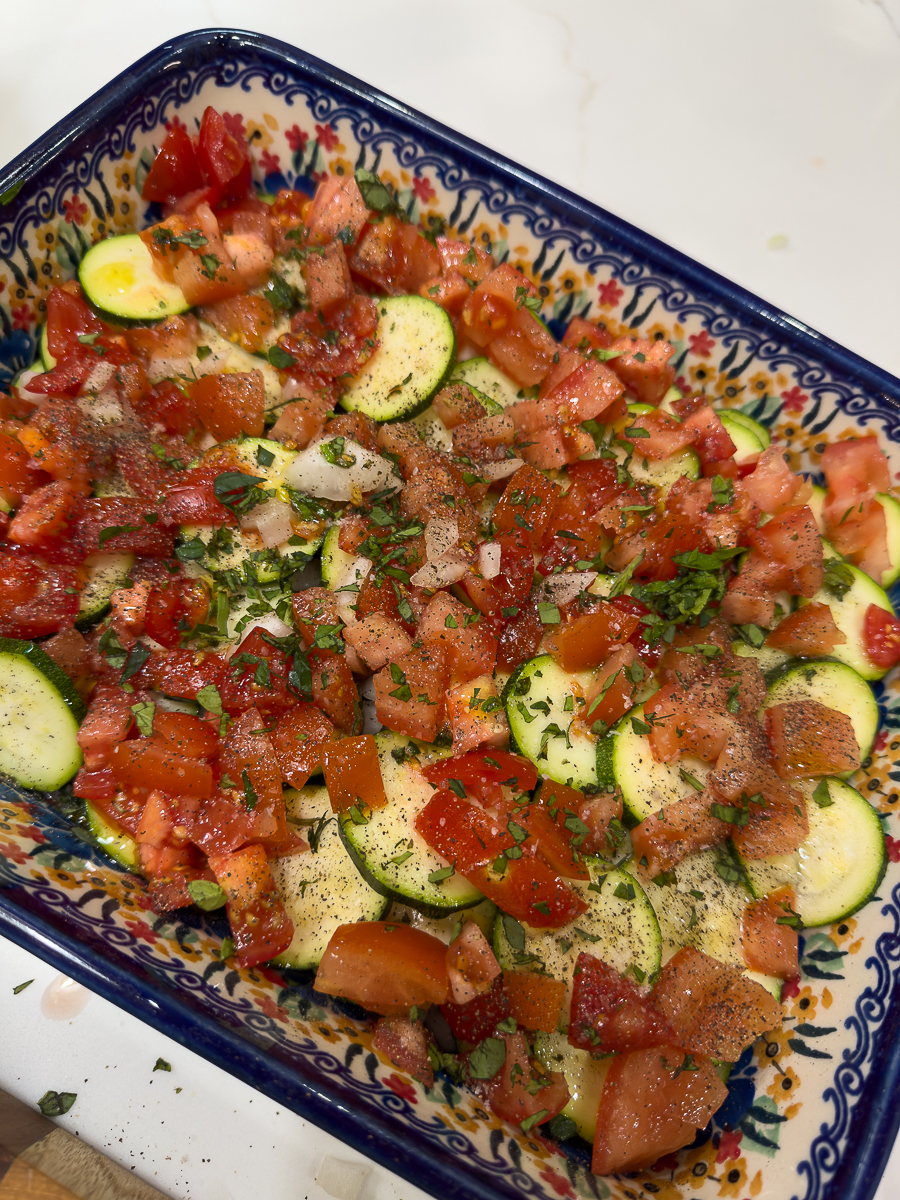 zucchini, tomatoes and chicken Mediterranean casserole